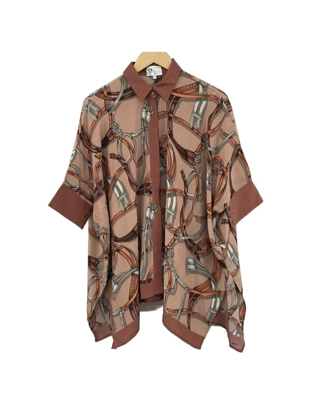 Gucci Three Quarter Sleeve Shirt Blouse M Pink Beige Brown Multi